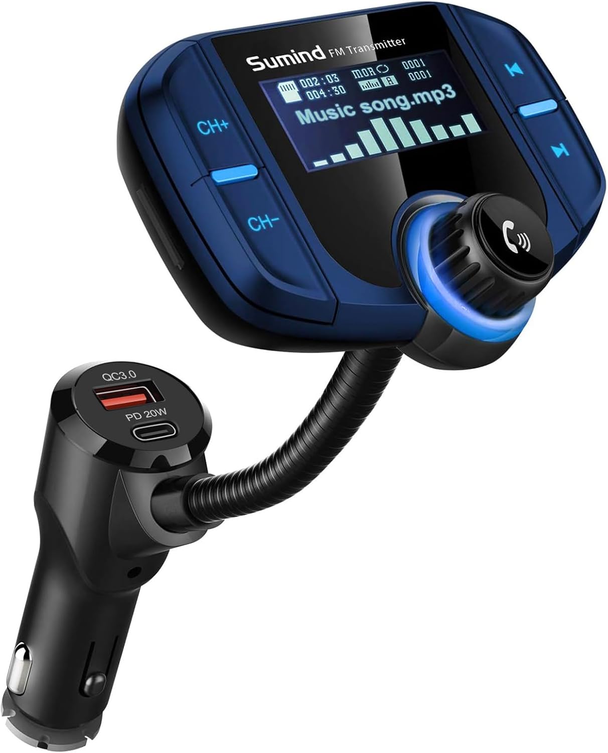 Upgraded Bluetooth FM Transmitter, Wireless Radio Adapter Hands Free Car Kit with 1.7'' Display, QC3.0 and Smart 2.4Amp Dual USB Ports, AUX Input/Output, TF Card Mp3 Player (PD, Blue)
