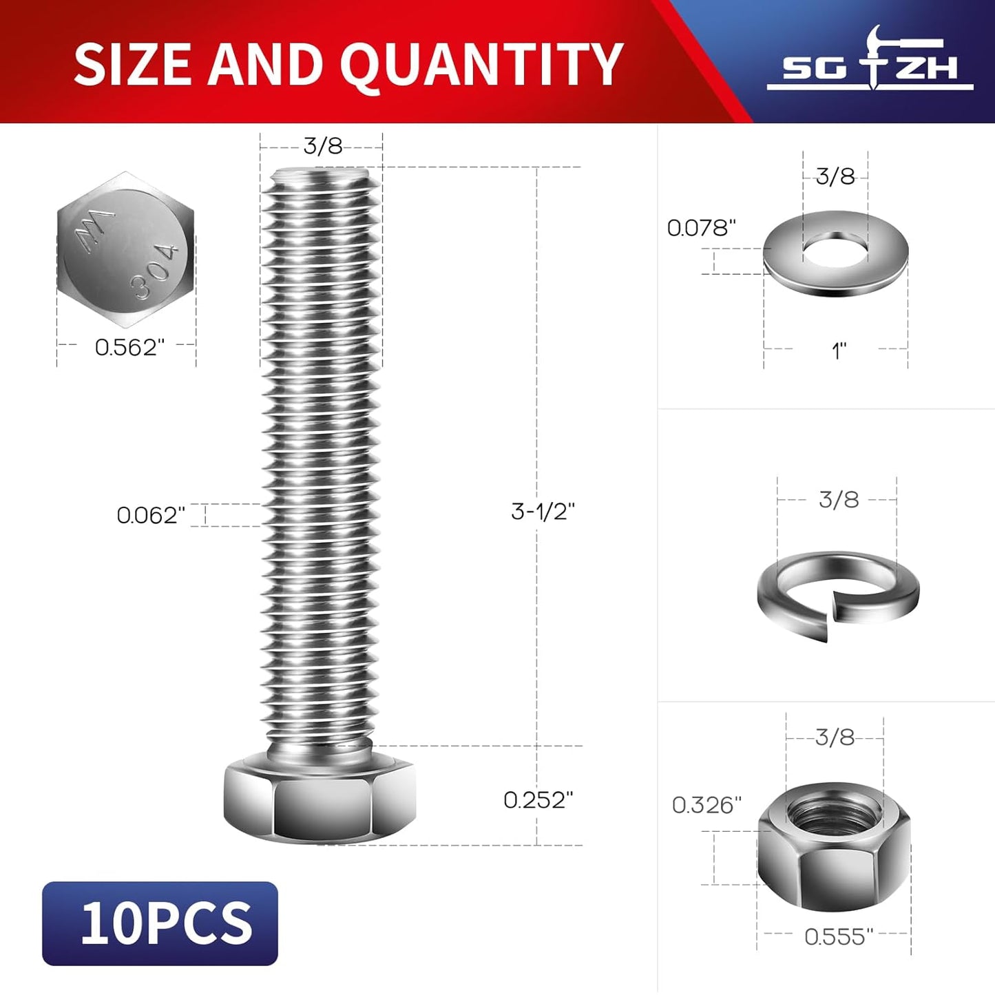 3/8-16 x 3-1/2" Hex Head Screw Bolt, Nuts, Flat & Lock Washers, 10Pcs 18-8 (304) Stainless Steel, Fully Threaded, by SG TZH