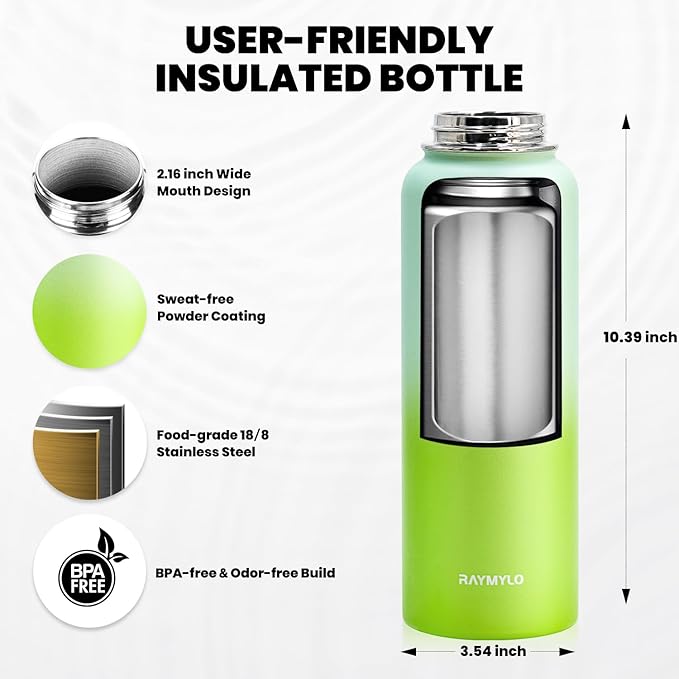 Insulated Water Bottle 40 oz, Triple Wall Vacuum Stainless Steel (Cold for 48 Hrs), Leak Proof & Non-BPA, Modern Water Flask Jug with Paracord Handle & Straw Spout Lids, Ombre Green