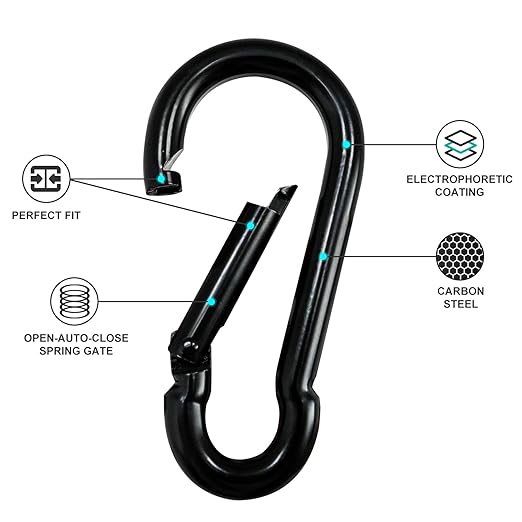 KINLINK 2 Pack Black Carabiner Clip, 7 inch Heavy Duty Spring Snap Hook, Large Caribeener Clips for Camping, Swing Set, Hammock, Hiking, Travel, Weight Lifting Machine, Home Gym Equipment
