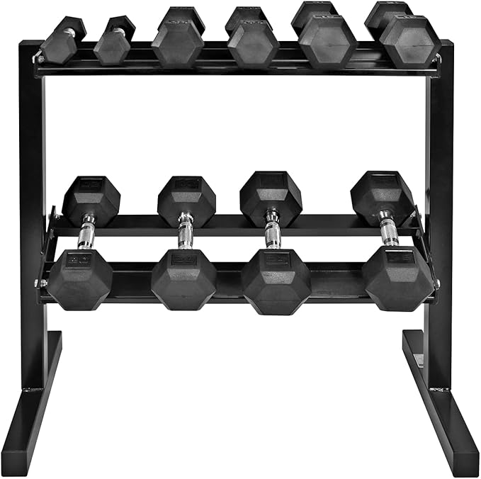 WF Athletic Supply Rubber Coated Hex Dumbbell Set with Two Tier Premium Storage Rack Built for Strength Building, Weight Loss & Home Gym – Multiple Sets Available