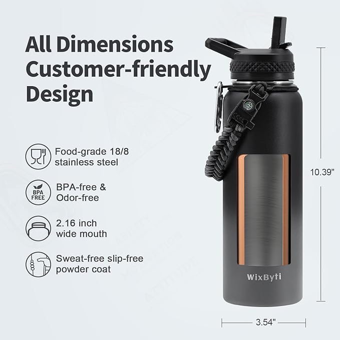 40 oz Insulated Water Bottle with Straw (Cold for 48 Hrs), Stainless Steel Triple Wall Vacuum Sports Water Jug, Leakproof Hydro Cup Flask with Paracord Handle & Straw Spout Lids & DIY Stickers