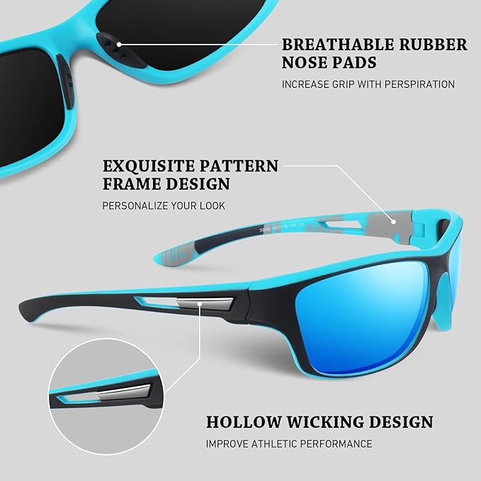 Polarized Sports Sunglasses for Men Women,Fishing Driving Rectangular Goggles UV400 Protection