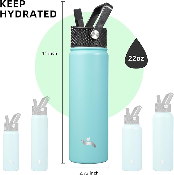 22oz Stainless Steel Bottles with 3 Lids Sport Insulated Water Bottle,Turquoise