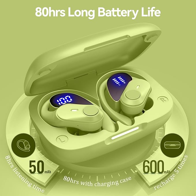 GOLREX Active Noise Cancelling Ear Buds Wireless Earbuds Bluetooth Headphones with 80H Playtime LED Display Wireless Charging Case, Over-Ear Hooks Earbud for Sports Running Gym Workout Yellow Green