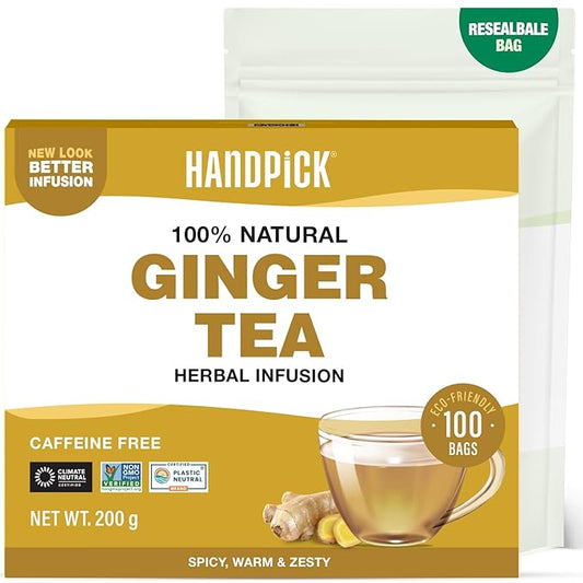 HANDPICK, Ginger Tea Bags, Caffeine Free & 100% Pure Ginger Root | Soothing & Spicy Blend | Round Eco Conscious Teabags