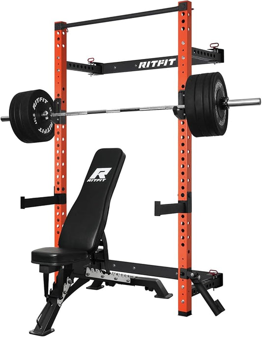 RitFit Multi-Functional Folding Squat Rack for Home Gym, 2.36'' x 2.36'' Wall Mounted Squat Rack with Attachments - Space Saving Squat Power Rack