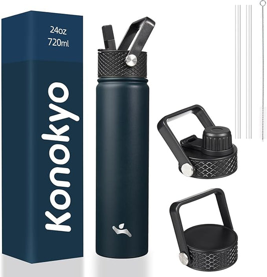 Insulated Water Bottle 24oz Stainless Steel Sport Bottles with 3 Lids,Navy Blue