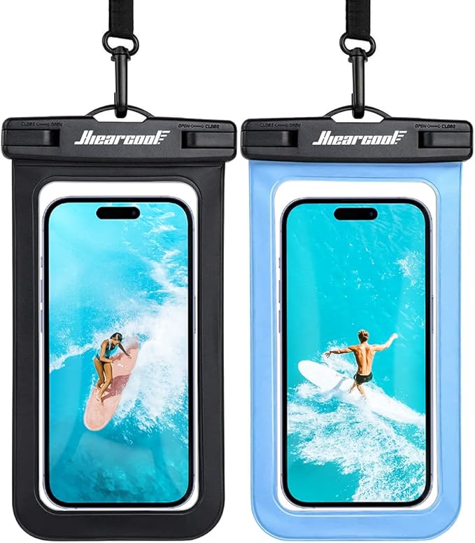 Hiearcool Waterproof Phone Pouch, Waterproof Beach Bag Compatible for iPhone 17 16 15 14 13 Pro Max, IPX8 Cellphone Travel Essentials for Beach -Black & Sky Blue-2Pack