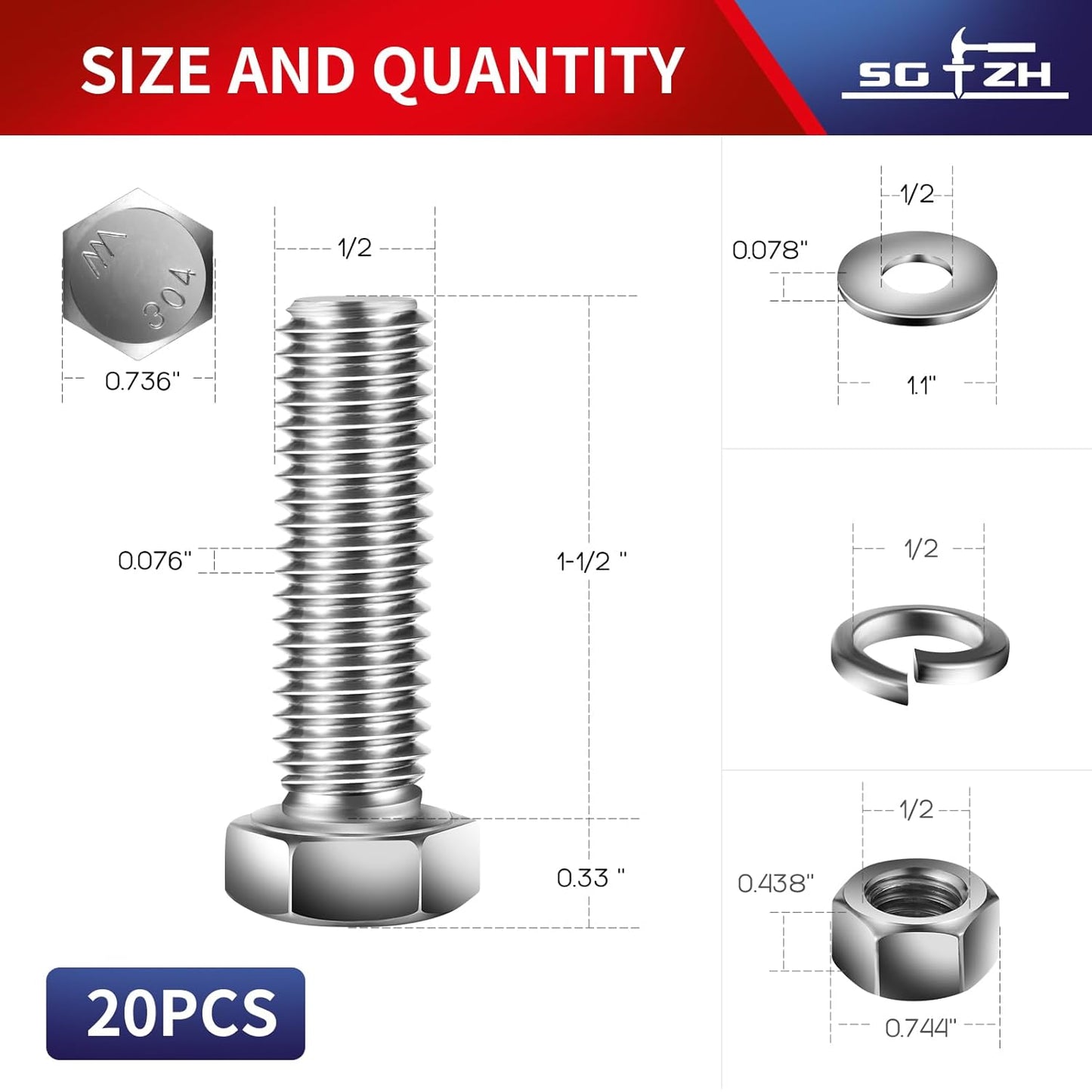 1/2-13 x 1-1/2" Hex Head Screw Bolt, Nuts, Flat & Lock Washers, 20Pcs 18-8 (304) Stainless Steel, Fully Threaded, by SG TZH
