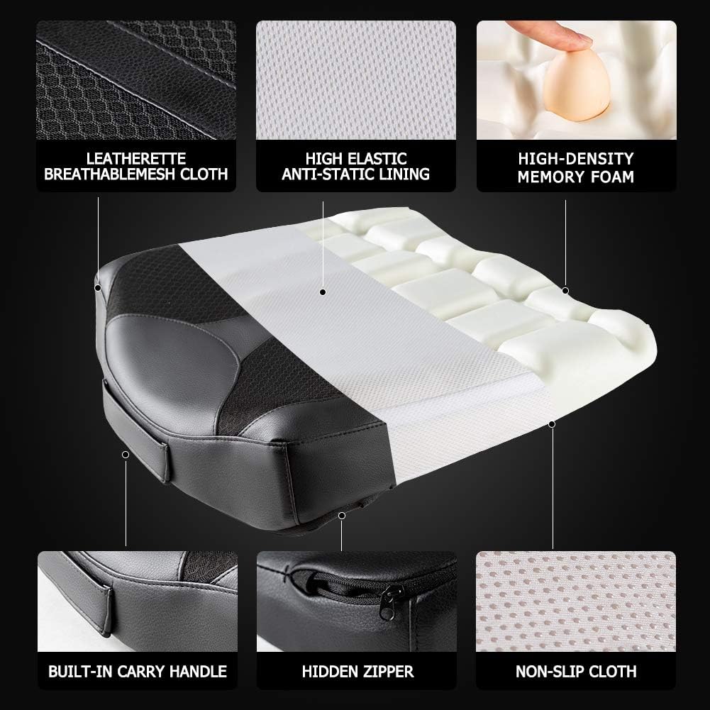 Car Memory Foam Heightening Front Seat Cushion for Short People Driving, Hip(Coccyx/Tailbone) and Lower Back Pain Relief Butt Pillows, Adult Booster Seat for Car. (Black)