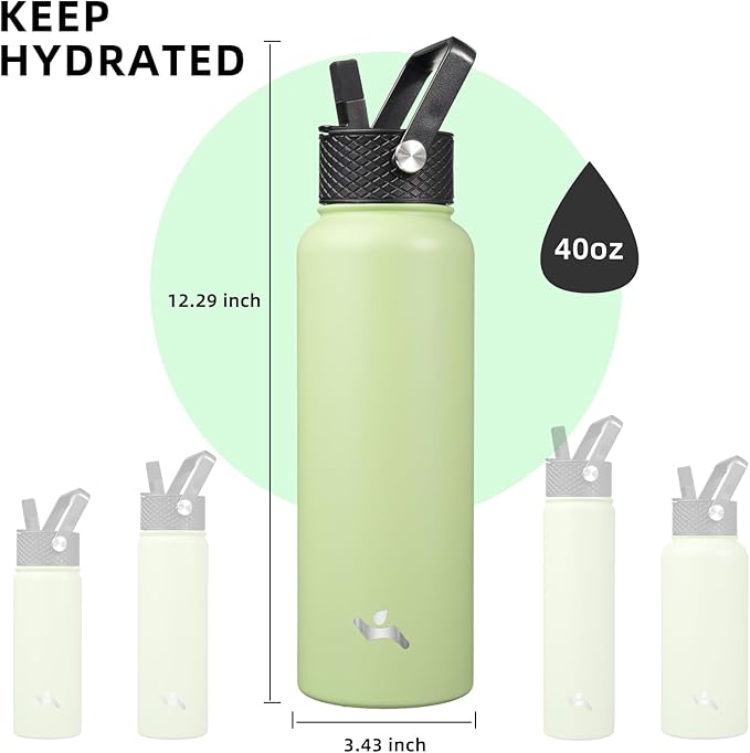 40oz Insulated Water Bottle Stainless Steel Sport Bottles with 3 Lids,Macaron Green