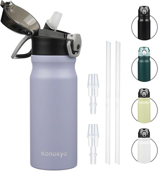 Insulated Water Bottle with Straw and Carry Loop,18 oz Stainless Steel Double Wall Vaccum Metal Water Flask with Leak-proof Lid,Light Purple
