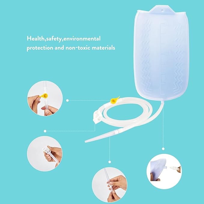 Silicone Enema Kit 2 L Enema Bag 6.3ft. Long Silicone Hose 3 Multi-Size Reusable Tips Controlled Water Flow for Colon Detox Cleanse Enemas
