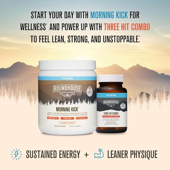 ROUNDHOUSE PROVISION Morning Kick, Zero Sugar Greens Superfood Powder Supplement with Ashwaganda, Collagen, Probiotics, Debloat Drink, (3 Pack, Strawberry Lemonade) by Chuck Norris