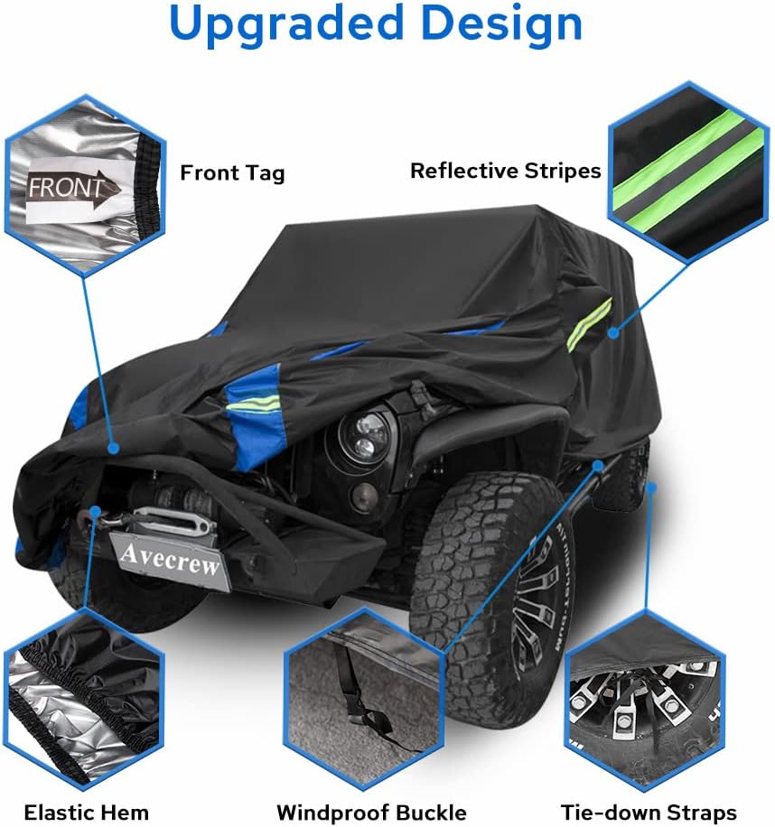 Avecrew for Jeep Wrangler Cover Waterproof 2 Door, All Weather for Jeep Rain Cover for Automobiles, Outdoor Full Exterior for Jeep Covers Fits JK JL TJ YJ CJ