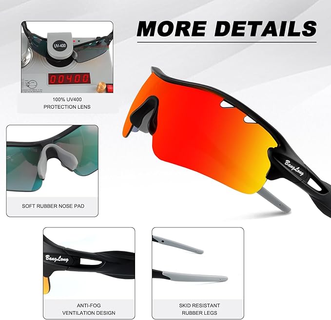 BangLong Polarized Sports Sunglasses Cycling Sun Glasses for Men Women with 5 Interchangeable Lenes for Running Baseball Golf