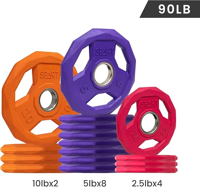 SPART Color Coded Weight Plate 2-Inch Rubber Coated Olympic Grip Plate for Barbell, Solid Cast Iron Weight Plates for Strength Training, Weightlifting, Crossfit, Home Gym, 2.5LB/5LB/10LB/25LB/35LB/45LB, Pair