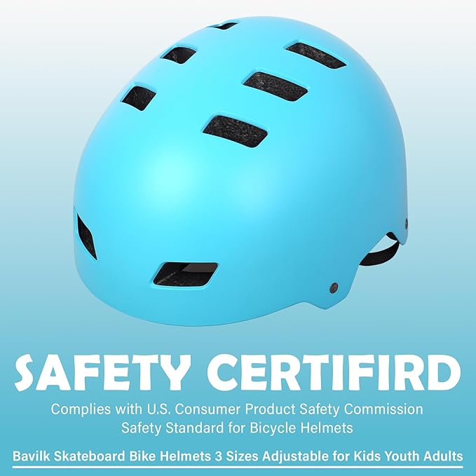 Bike Helmet 3 Sizes for Teenager Kids Youth Adults,Bavilk Skateboard Helmet Adjustable Multi-Sport Bicycle Cycling Scooter Roller Skate Inline Skating Rollerblading for Girls Boys Women Men Teen