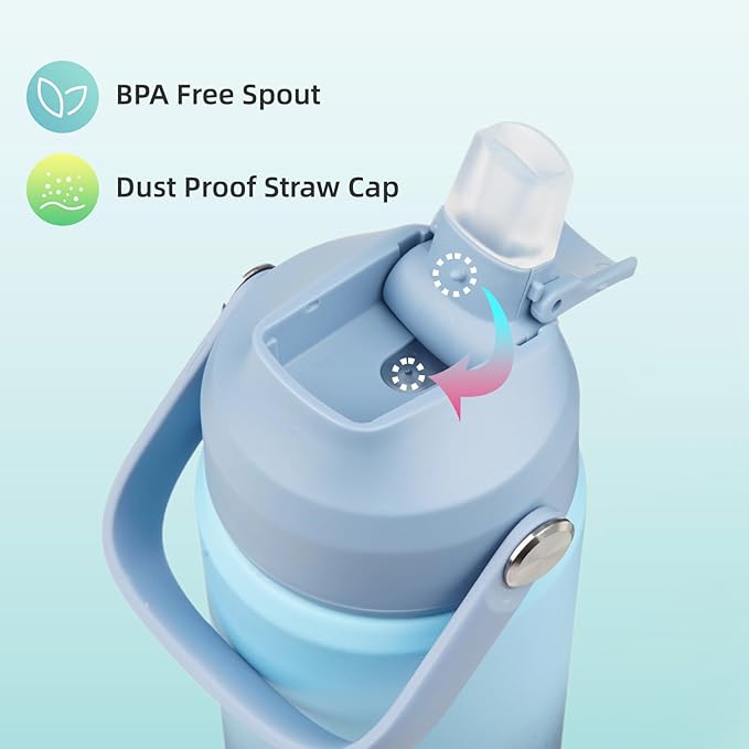 Insulated Water Bottle with Straw Lid,24 oz Stainless Steel Vacuum Metal Bottle with Silicone Handle,Sky