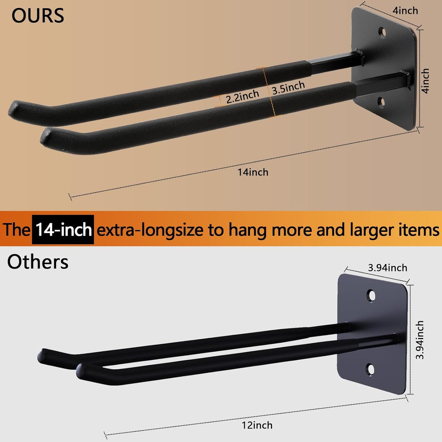 Sinoer Upgraded Garage Hooks,Shed Organizer, Utility Steel Garage Storage Hooks, 14 Inch Square Tube Garage Wall Mount Double Hooks for Yard, Tools, Car Tire, Garden Tools, 2 Pieces