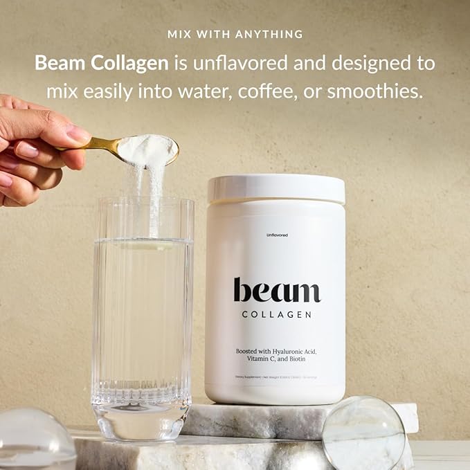 Beam Collagen Powder, Collagen for Women, Collagen with Hyaluronic Acid, Collagen Peptides Type 1 and 3, with Biotin, Grass Fed Bovine, Third-Party Tested, Best for Coffee, Vitamin C, 60 Servings