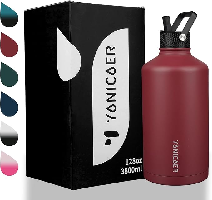 Insulated Water Bottle 64oz,Triple Wall Vacuum Stainless Steel(Dishwasher Safe),Leak Proof & Non-BPA,Flask Jug with Paracord Handle & Straw Spout Lids Sports