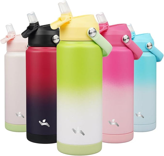 Insulated Water Bottle with Straw Lid,24 oz Stainless Steel Vacuum Metal Bottle with Silicone Handle,GreenWhite