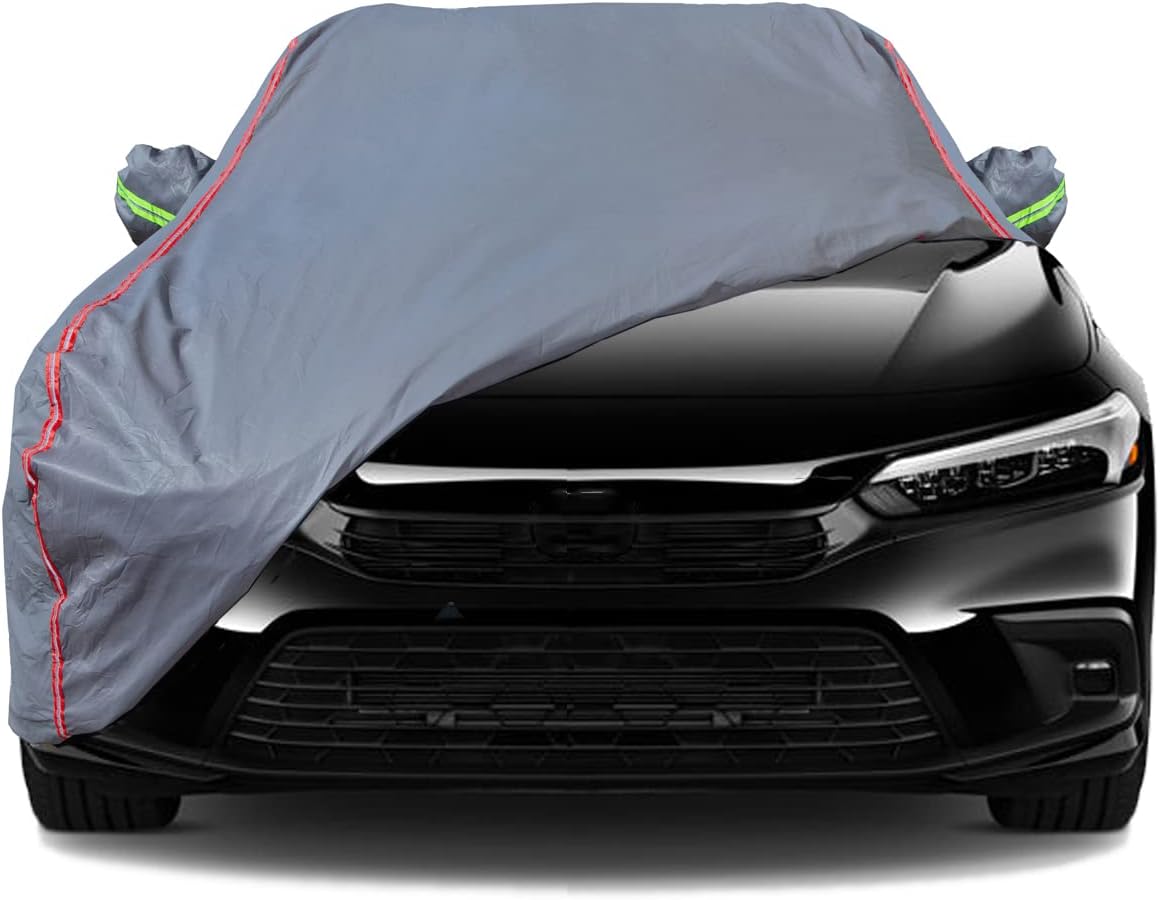 AUQDD 6-Layers PEVA New Material Sedan SUV Full Padded Car Cover Waterproof All Weather Weatherproof UV Sun Protection Snow Dust Storm Resistant Outdoor Exterior Custom Form-Fit Straps 188"-198" Grey
