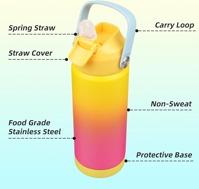 Insulated Water Bottle with Straw Lid,18 oz Stainless Steel Vacuum Metal Bottle with Silicone Handle,Rainbow