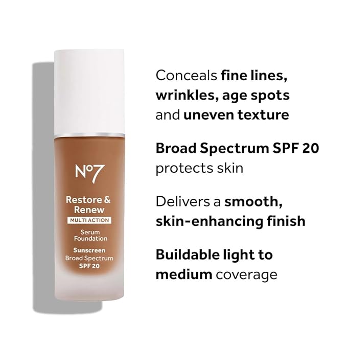 No7 Restore & Renew Multi Action Serum Foundation - Cool Vanilla - Liquid Foundation Makeup with Vitamin C, Vitamin E & Collagen for Face - Beauty Skin Serum Formula with Medium Coverage (30ml)