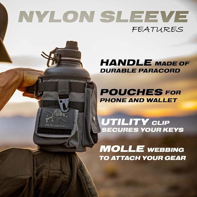 Iron Infidel Battle Bottle - Half Gallon Water Bottle Insulated, 64 oz Stainless Steel Water Jug with Paracord Handle - Gym Flask for Men with Rugged Sleeve for Storage (Betsy Ross 2 Liter)