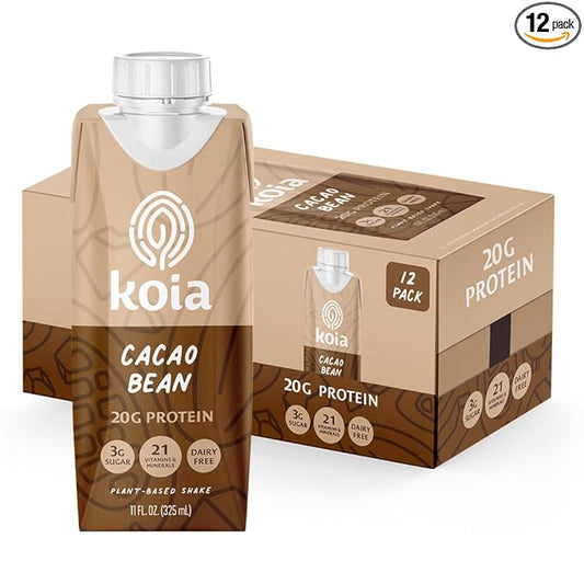 Koia Plant Based Protein Shake, Cacao Bean, 20g Protein, 3g Sugar, 6g Prebiotic Fiber, 21 Vitamins & Minerals, Meal Replacement Drinks, Dairy-Free, Gluten-Free, Non-GMO, 11 Fl Oz (Pack of 12)