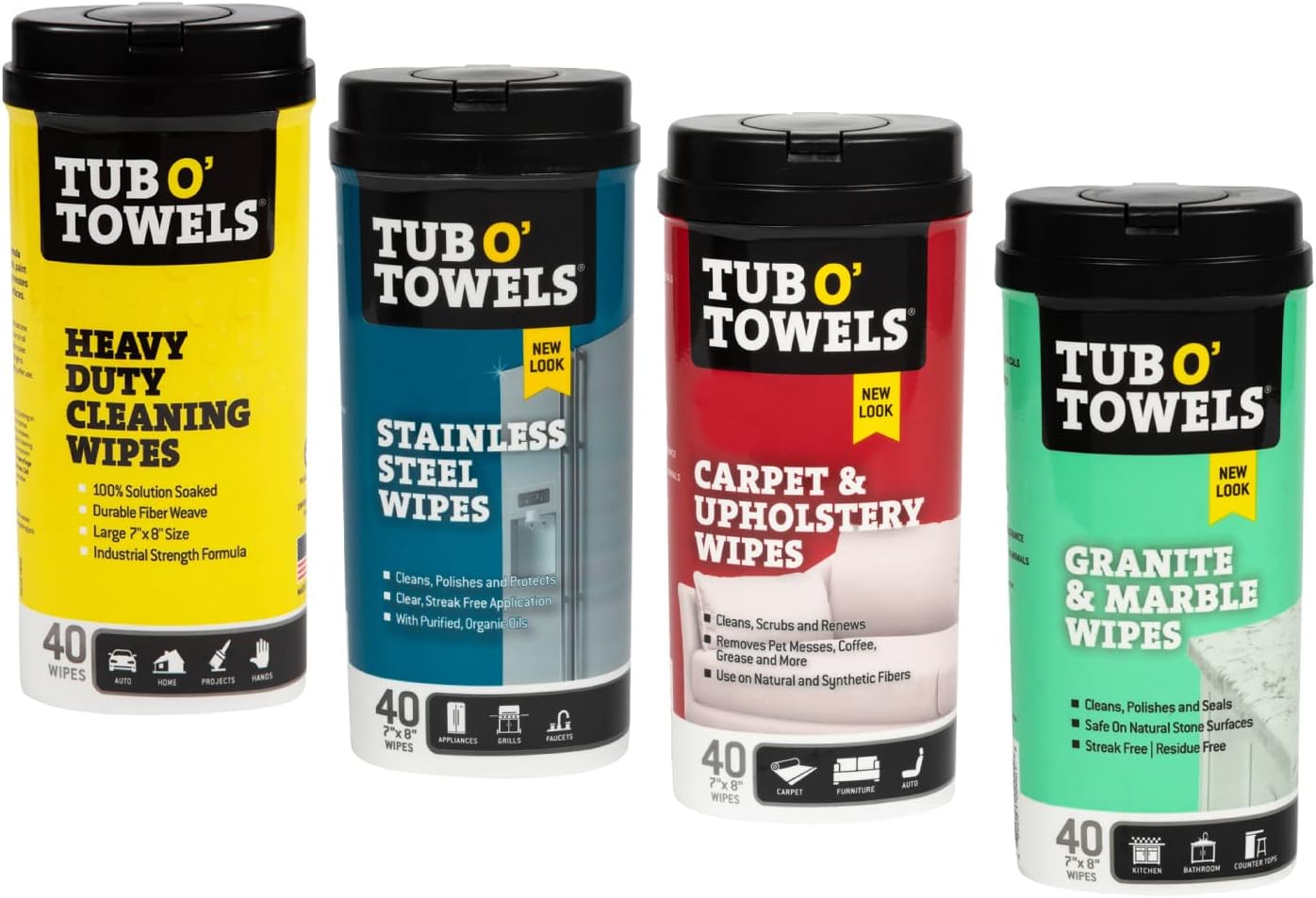 Tub O' Towels Household Cleaning Wipes Variety Pack, 7" x 8", 4-Pack