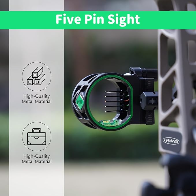 Archery 5-Pin Bow Sight - 0.019" Fiber, Brass Pin, Aluminum Machined - Right and Left Handed, with Hi-Vis Level for Archery, Hunting, Shooting