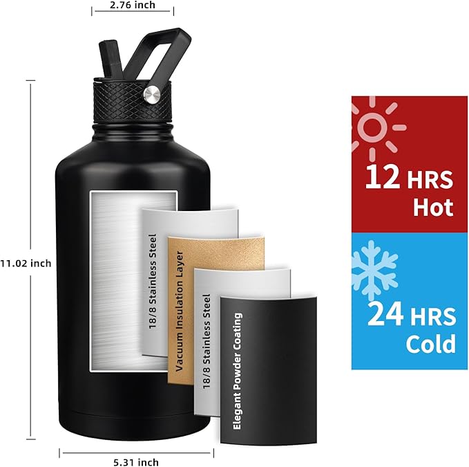 Insulated Water Bottle 64oz,Triple Wall Vacuum Stainless Steel(Dishwasher Safe),Leak Proof & Non-BPA,Flask Jug with Paracord Handle & Straw Spout Lids Sports