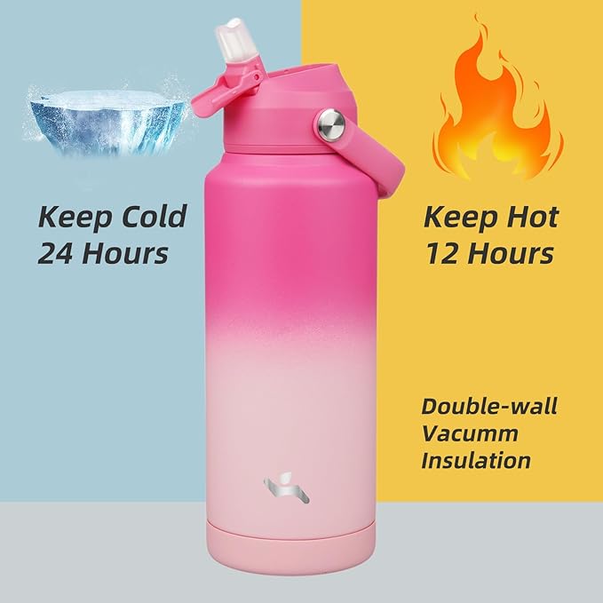 Insulated Water Bottle with Straw Lid,32 oz Stainless Steel Vacuum Metal Bottle with Silicone Handle,Cherry Blossom