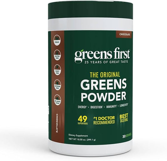Greens First Original Greens Powder - 49 Superfoods - Organic Fruits & Veggies - Prebiotics, Probiotics & Digestive Enzymes - Antioxidant Smoothie - Dairy Free, Vegan, Non-GMO (Chocolate, 30 Servings)