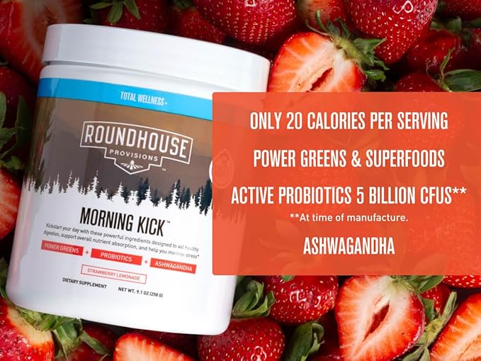 ROUNDHOUSE PROVISION Morning Kick, Zero Sugar Greens Superfood Powder Supplement with Ashwaganda, Collagen, Probiotics, Debloat Drink, (3 Pack, Strawberry Lemonade) by Chuck Norris
