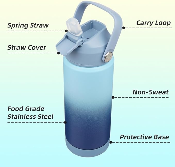 Insulated Water Bottle with Straw Lid,18 oz Stainless Steel Vacuum Metal Bottle with Silicone Handle,Sky