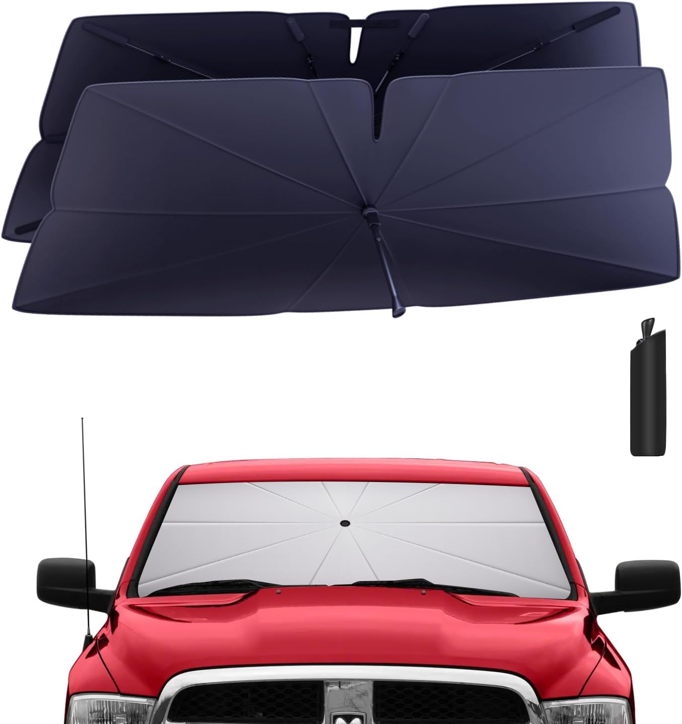 Windshield Sun Shade Umbrella: Custom Fit for 2009-2018 Dodge RAM 1500 ST, SLT, Laramie, Sport, Big Horn, Tradesman (DS/DJ) - Double Thickened Foldable Front Window Sunshade, UV & Heat Protection