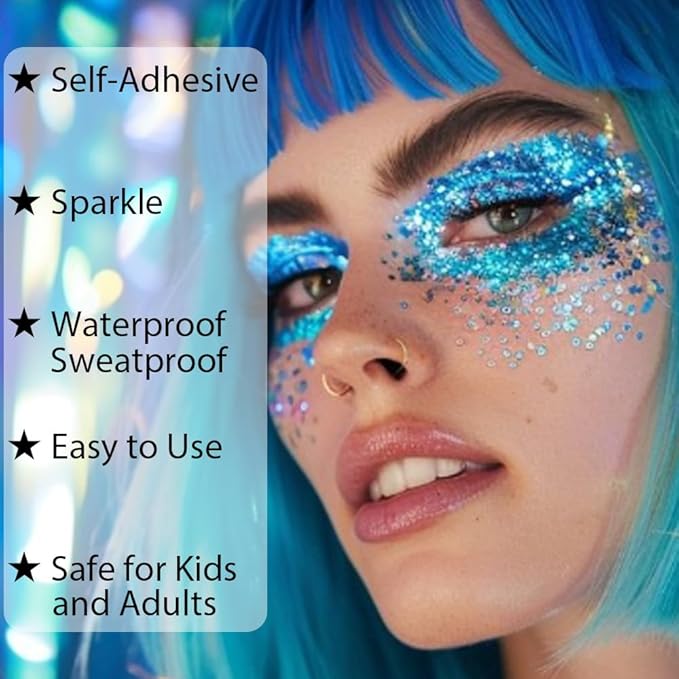 Mysense Royal Blue Body Glitter Gel, Singer Concerts Face Hair Glitter Makeup, Music Festival Rave Accessories, Chunky Glitter Mermaid Sequins, Sparkling Face Paint for Women Girls, 30g