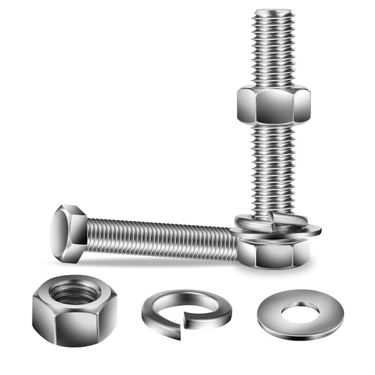 5/16-18 x 3-1/2" Hex Head Screw Bolt, Nuts, Flat & Lock Washers, 10Pcs 18-8 (304) Stainless Steel, Fully Threaded, by SG TZH