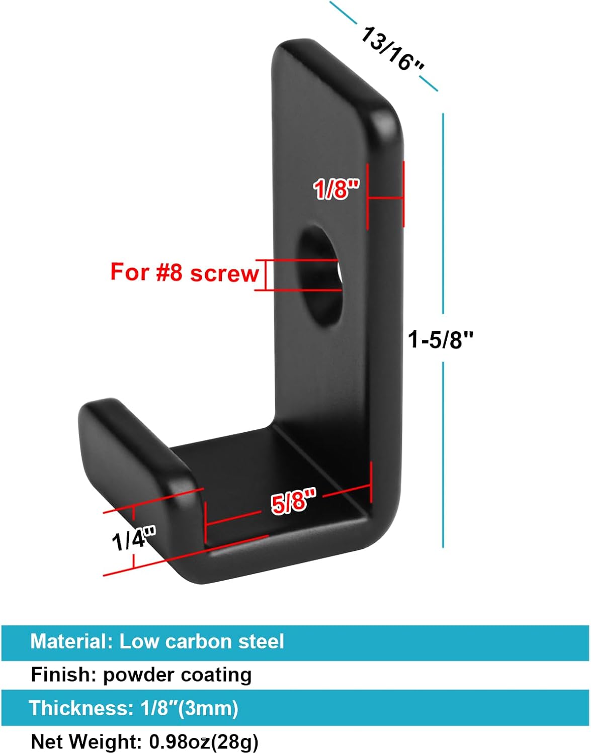 10 Pack Mini Black Steel Utility J Hook, Wall Mount Hanging Hook for Garage Storage, 1-5/8" Height, 5/8" Inner Width