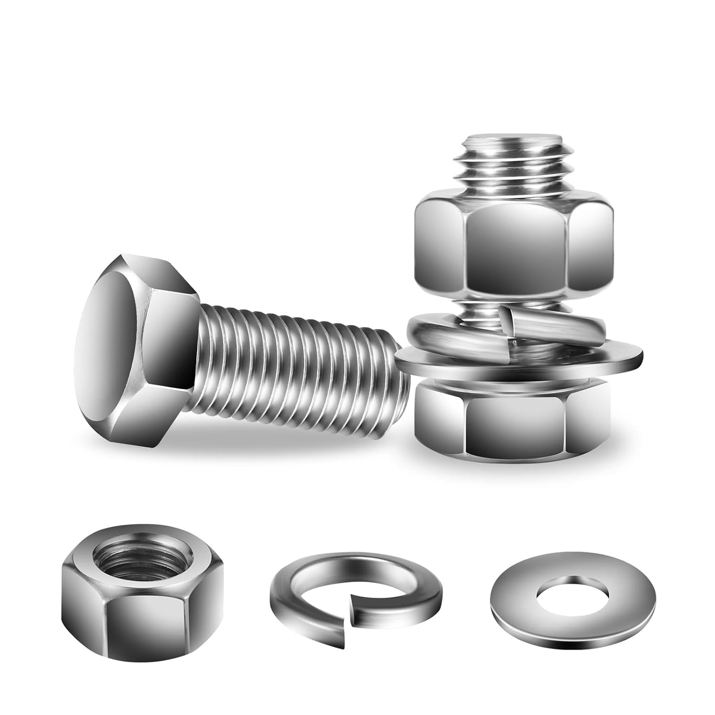 5/16-18 x 1" Hex Head Screw Bolt, Nuts, Flat & Lock Washers, 20Pcs 18-8 (304) Stainless Steel, Fully Threaded, by SG TZH