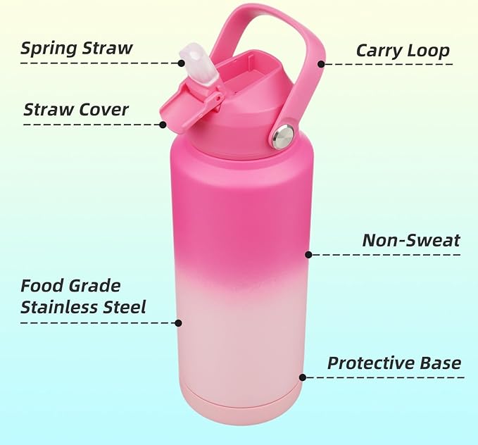 Insulated Water Bottle with Straw Lid,32 oz Stainless Steel Vacuum Metal Bottle with Silicone Handle,Cherry Blossom
