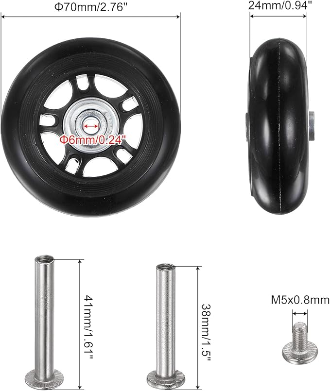 uxcell Replacement Luggage Wheels 70x24mm Suitcase Wheel Repair Kits Include 2 PU Bearing Wheels & Washers, Wrenches & Axle Screw for Trolley Bag, Inline Skate and Caster Board