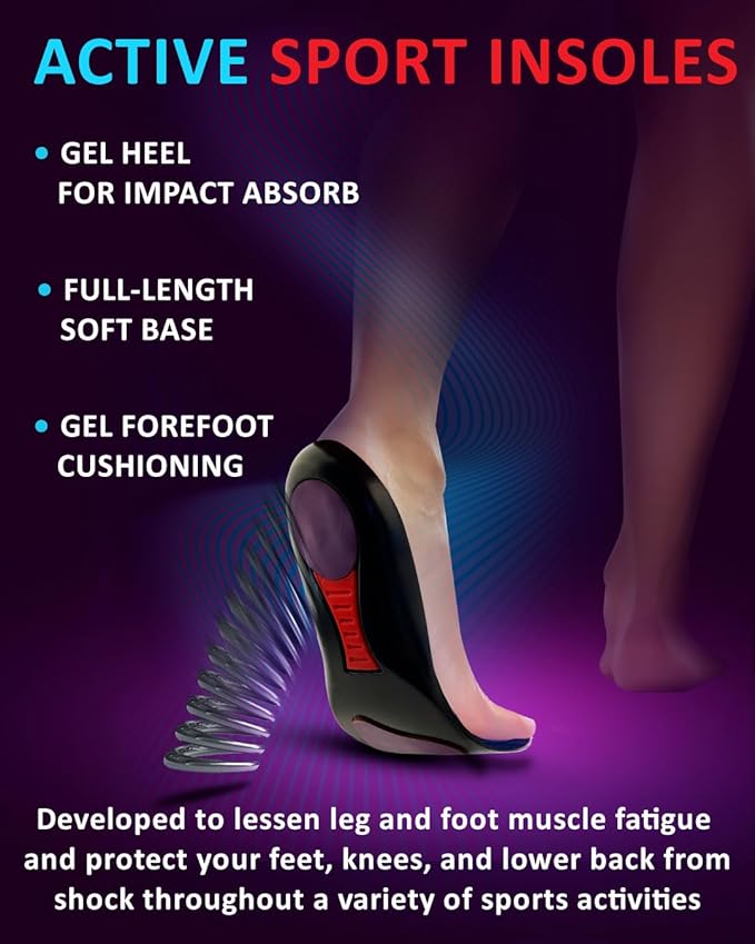 Sport Shock Absorbing Insoles - Athletic Shoe Cushioning Inserts for Men and Women - Ideal for Active Sports Running Training Hiking - Neutral Arch Good for Sneakers Shoes (M, Indigo)