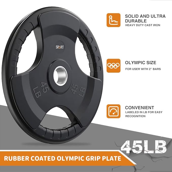 SPART Weight Plate 2-Inch Rubber Coated Olympic Grip Plate for Barbell,Solid Cast Iron Weight Plates in Pairs or Single for Strength Training,Weightlifting,Crossfit,Home Gym(5LB/10LB/25LB/35LB/45LB)