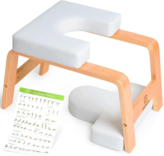 Yoga Headstand Bench, Stand Yoga Chair for Balance Training, Core Strength Building, Upside Down Chair for Relaxation, Handstand Trainer Inversion Chair for Home Gym (Wood White)